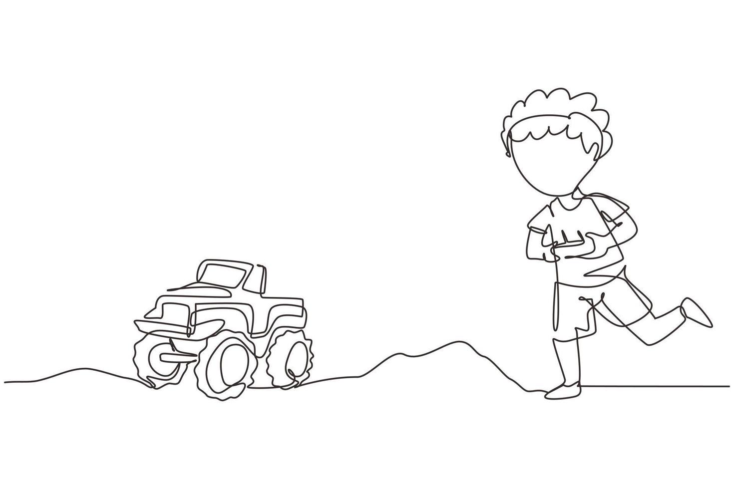 garçon dessinant une seule ligne jouant avec un jouet de camion monstre télécommandé. enfants jouant avec un camion jouet électronique avec télécommande dans les mains. illustration vectorielle graphique de conception de ligne continue vecteur