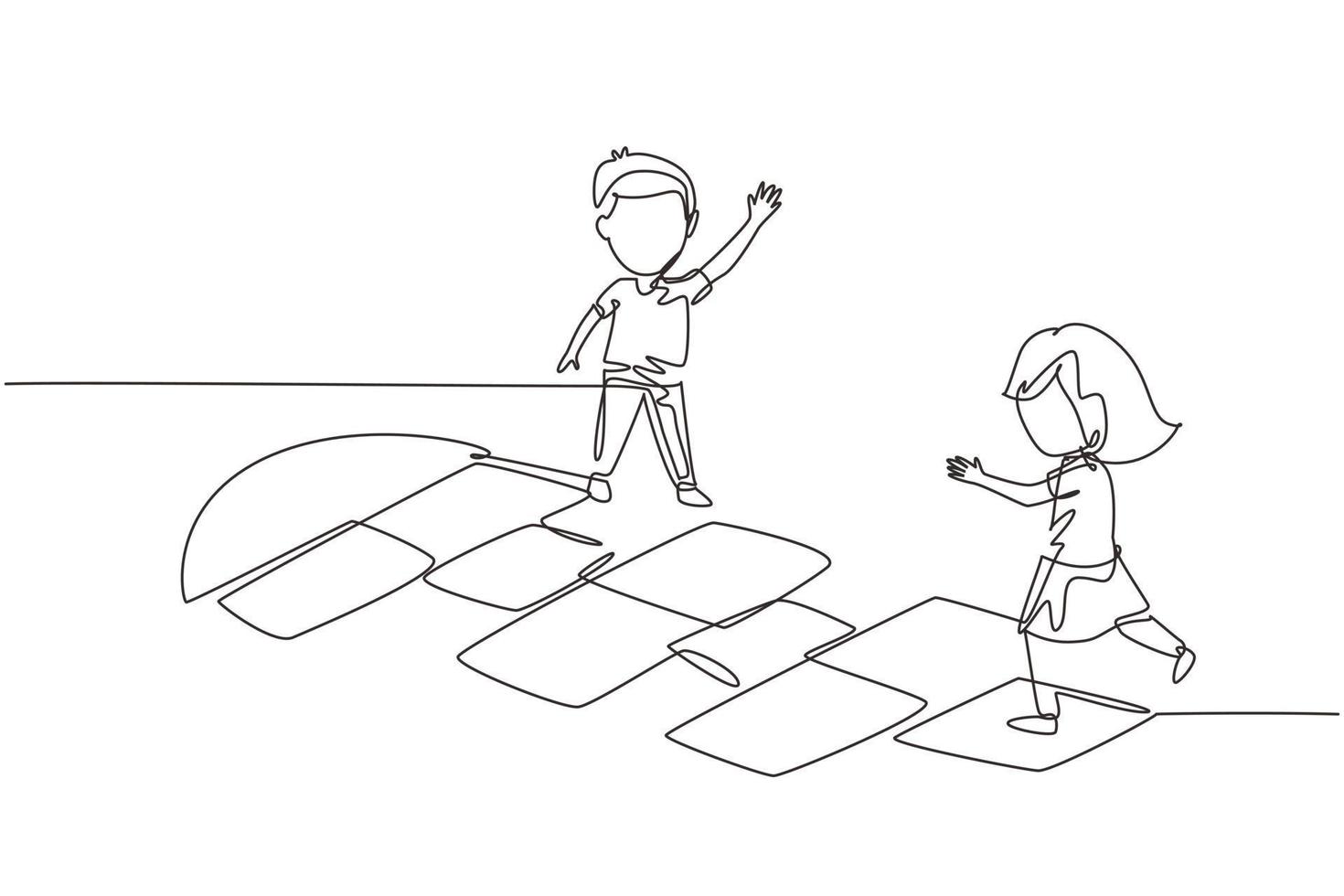 une seule ligne continue dessinant une petite fille et un garçon jouant à la marelle dans la cour de la maternelle. enfants heureux sautillant sur l'aire de jeux. terrain de hop scotch dessiné à la craie. une ligne dessiner vecteur de conception graphique