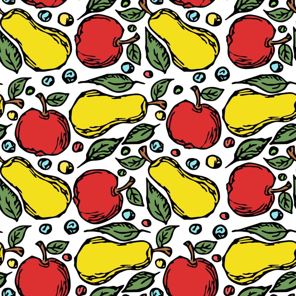 motif de fruits sans soudure. fond coloré de pomme et de poire. illustration vectorielle de doodle avec des fruits vecteur