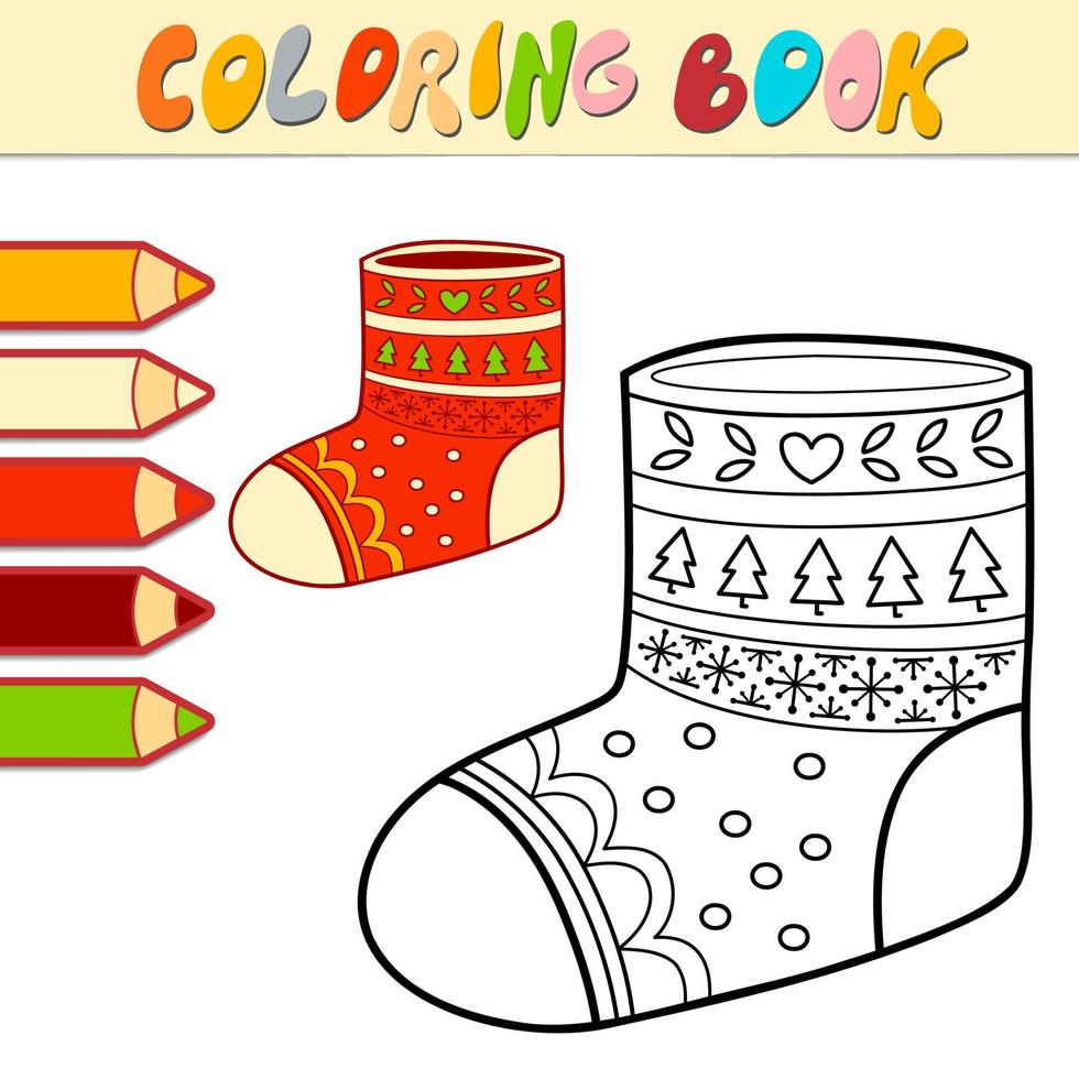 livre de coloriage ou page pour les enfants. chaussette de noël vecteur noir et blanc