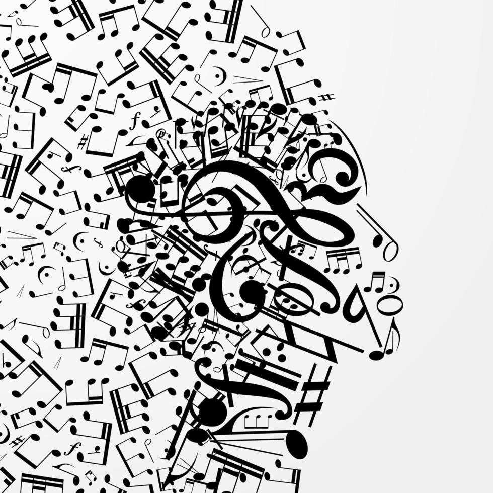 profil féminin abstrait composé de signes musicaux, notes. affiche musicale avec dj, âme de la musique, pochette pour cd. illustration vectorielle. vecteur