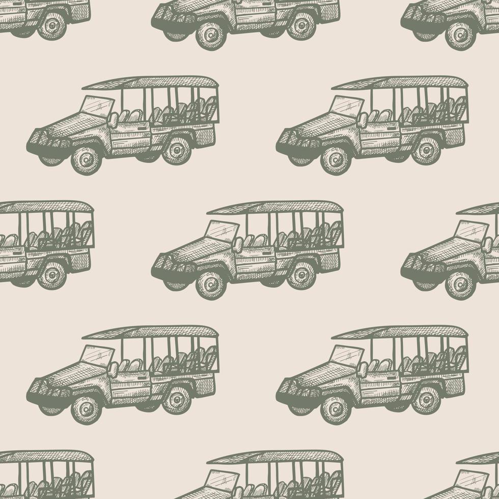 modèle sans couture gravé de bus safari. aventure vintage voiture hors route dans un style dessiné à la main. vecteur