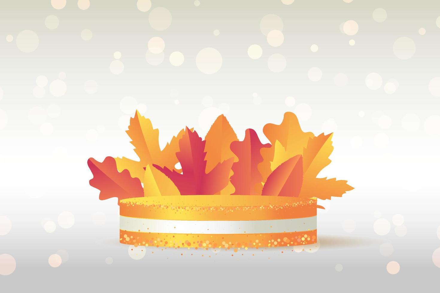 podium de piédestal 3d orange avec bouquet de feuilles. effet bokeh et paillettes sur fond dégradé avec plate-forme de rendu géométrique vecteur