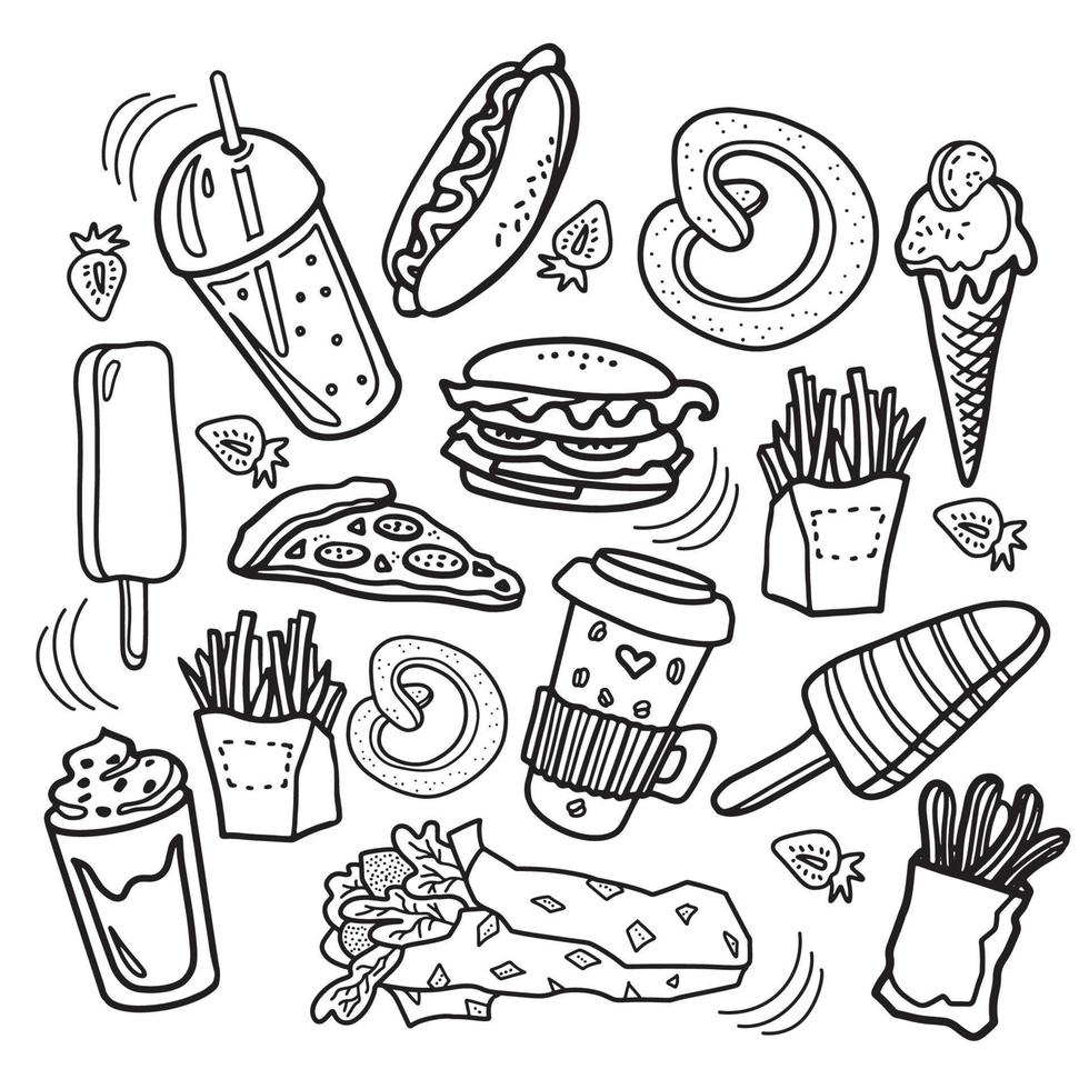 icônes de doodle dessinés à la main de nourriture de rue. types de restauration rapide. vecteur