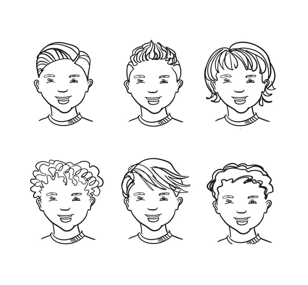 ensemble de jeunes garçons mignons avec différents styles de cheveux. salon de coiffure et coiffure tendance. jeu d'icônes vectorielles isolé vecteur