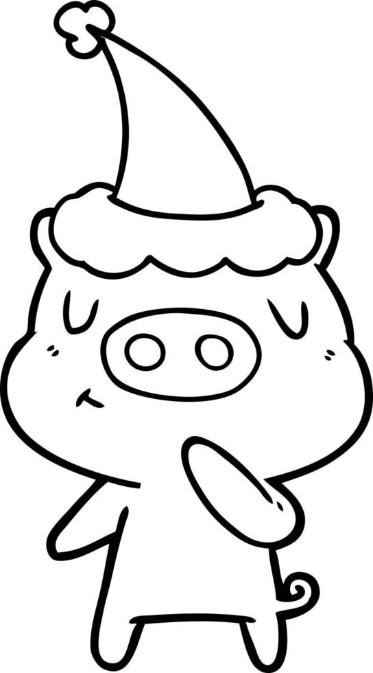 dessin au trait d'un cochon de contenu portant un bonnet de noel vecteur