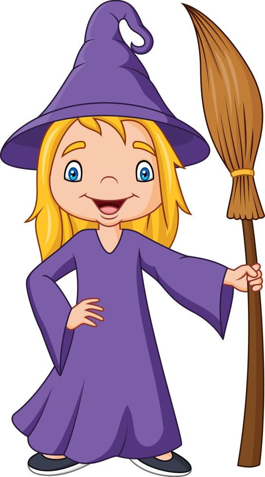 dessin animé petite sorcière tenant un balai vecteur