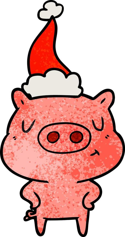 dessin animé texturé d'un cochon de contenu portant un bonnet de noel vecteur