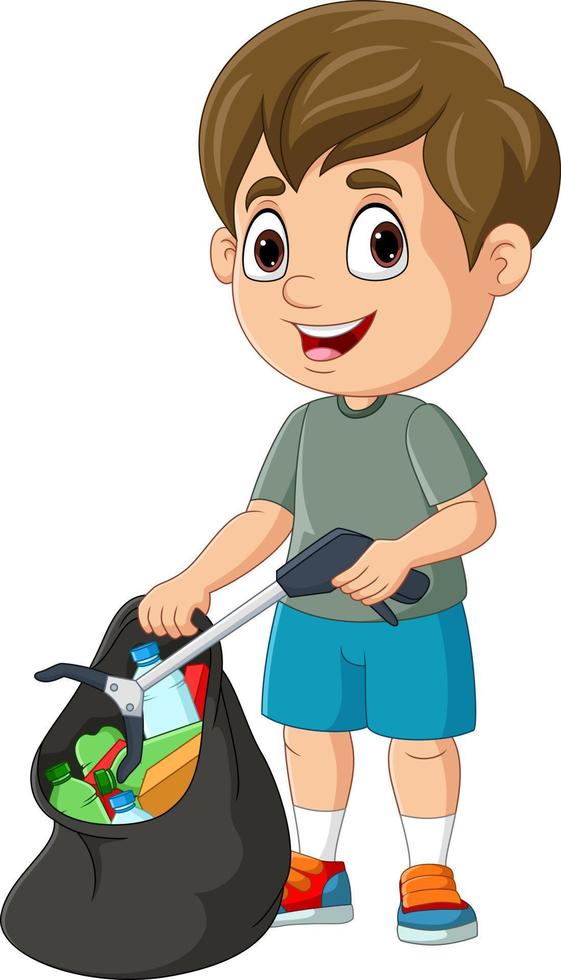 garçon de dessin animé ramassant des ordures en plastique avec un bâton de litière vecteur