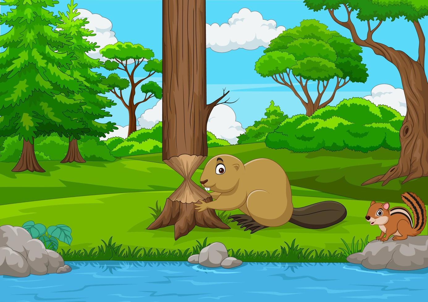 castor de dessin animé coupant un arbre dans la forêt vecteur