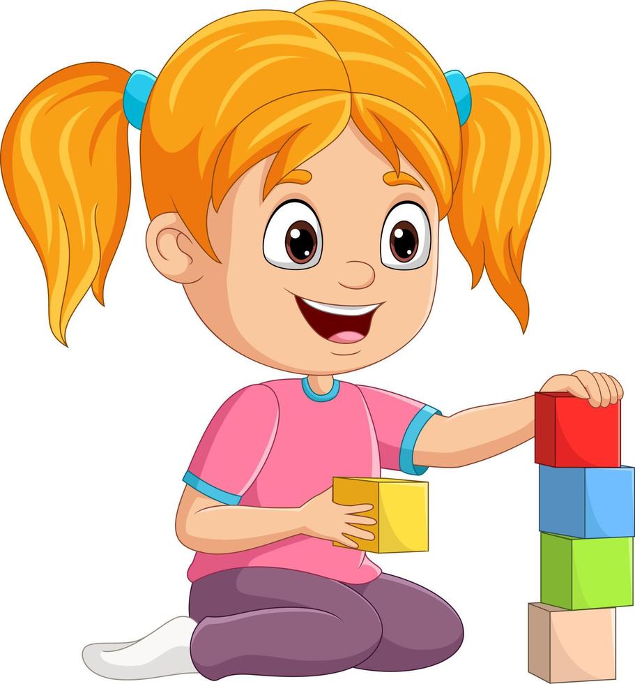 dessin animé petite fille jouant avec des blocs de construction vecteur