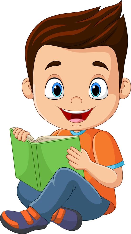 dessin animé petit garçon assis et lisant un livre vecteur