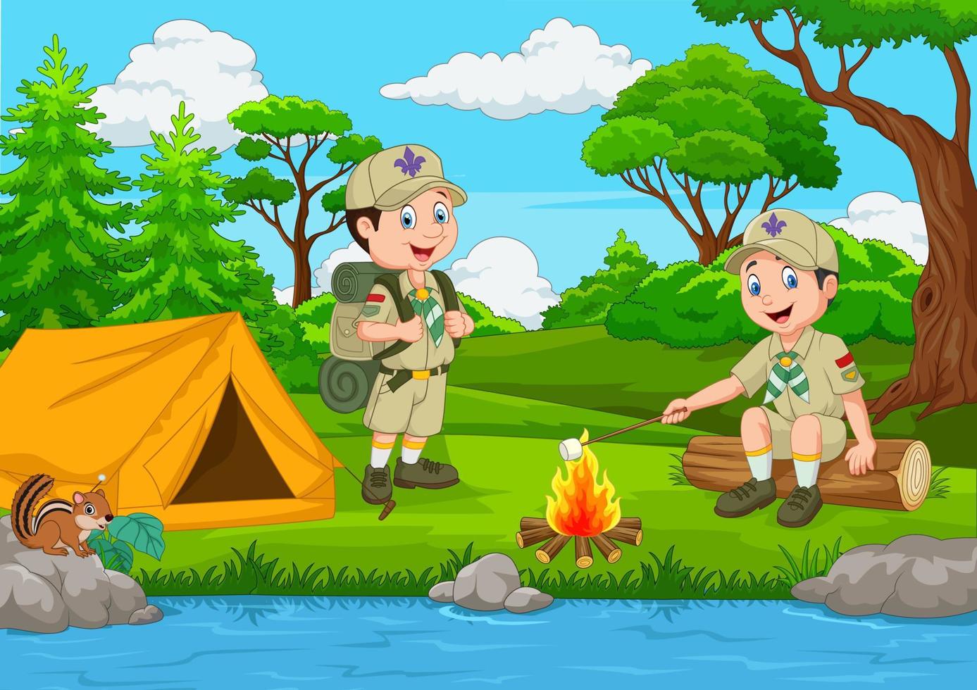 scout de dessin animé avec tente et feu de camp vecteur