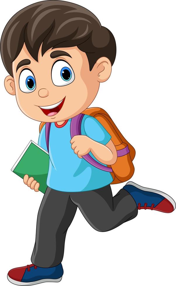 dessin animé petit garçon avec sac à dos et livre en cours d'exécution vecteur