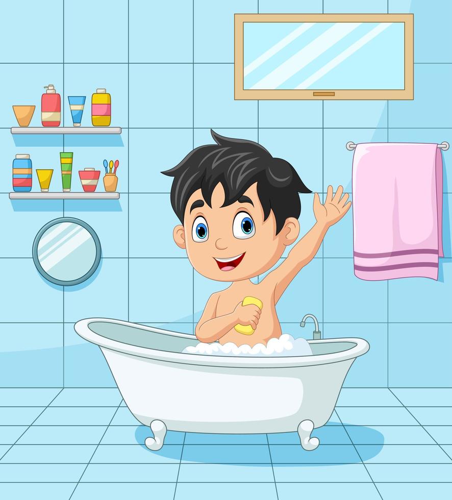 dessin animé petit garçon prenant un bain vecteur