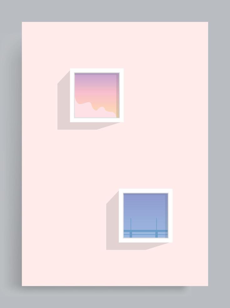 fond pastel minimaliste simple. peintures de paysages nocturnes et nocturnes dans un cadre accroché à un mur rose vif. convient aux couvertures de livres, bannières, affiches, décorations, dépliants, web. vecteur