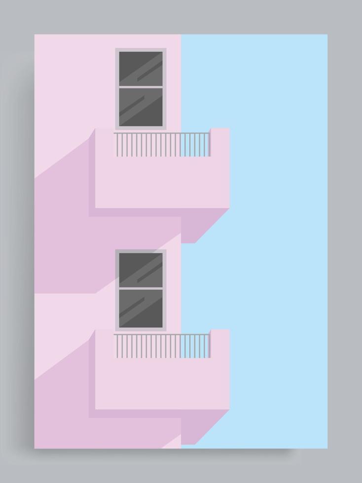 fond pastel minimaliste simple. balcon d'appartement violet, bâtiments, maisons, banlieue, ville. convient aux affiches, couvertures de livres, brochures, magazines, dépliants, livrets. vecteur