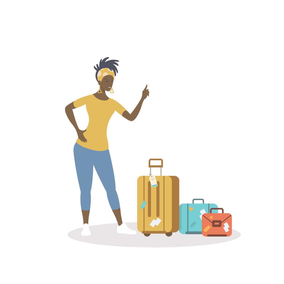 femme noire avec ses bagages prêts à partir en vacances sur fond blanc isolé. vecteur