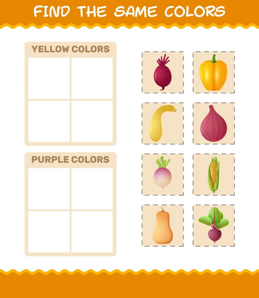 retrouver les mêmes couleurs de légumes. jeu de recherche et d'association. jeu éducatif pour les enfants d'âge préscolaire et les tout-petits vecteur