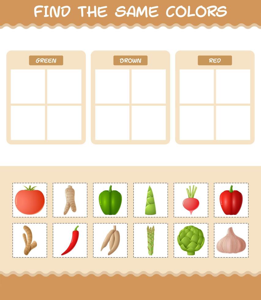 retrouver les mêmes couleurs de légumes. jeu de recherche et d'association. jeu éducatif pour les enfants d'âge préscolaire et les tout-petits vecteur