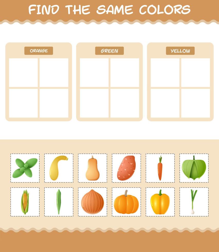 retrouver les mêmes couleurs de légumes. jeu de recherche et d'association. jeu éducatif pour les enfants d'âge préscolaire et les tout-petits vecteur