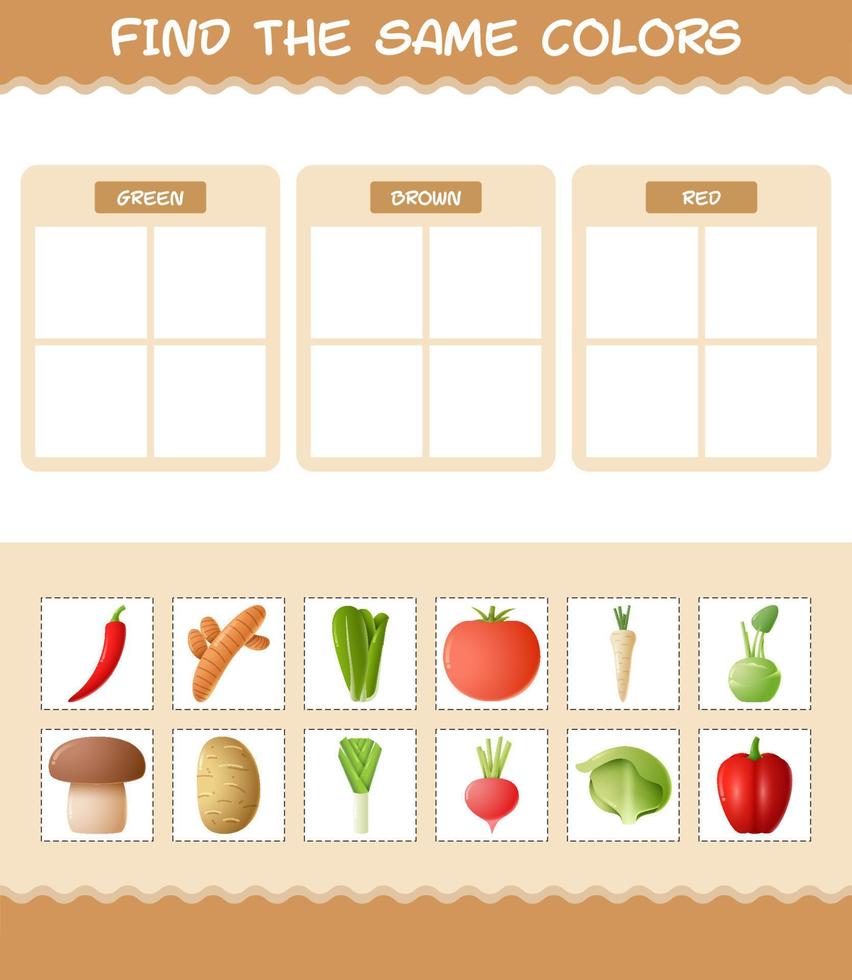 retrouver les mêmes couleurs de légumes. jeu de recherche et d'association. jeu éducatif pour les enfants d'âge préscolaire et les tout-petits vecteur