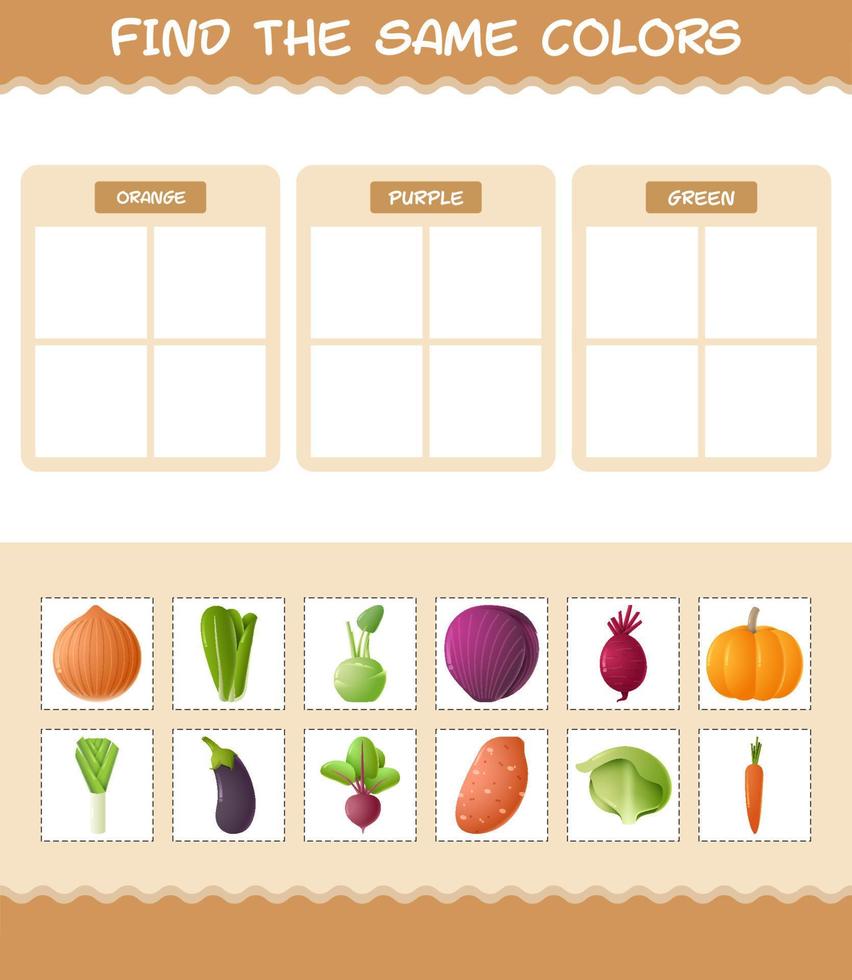 retrouver les mêmes couleurs de légumes. jeu de recherche et d'association. jeu éducatif pour les enfants d'âge préscolaire et les tout-petits vecteur