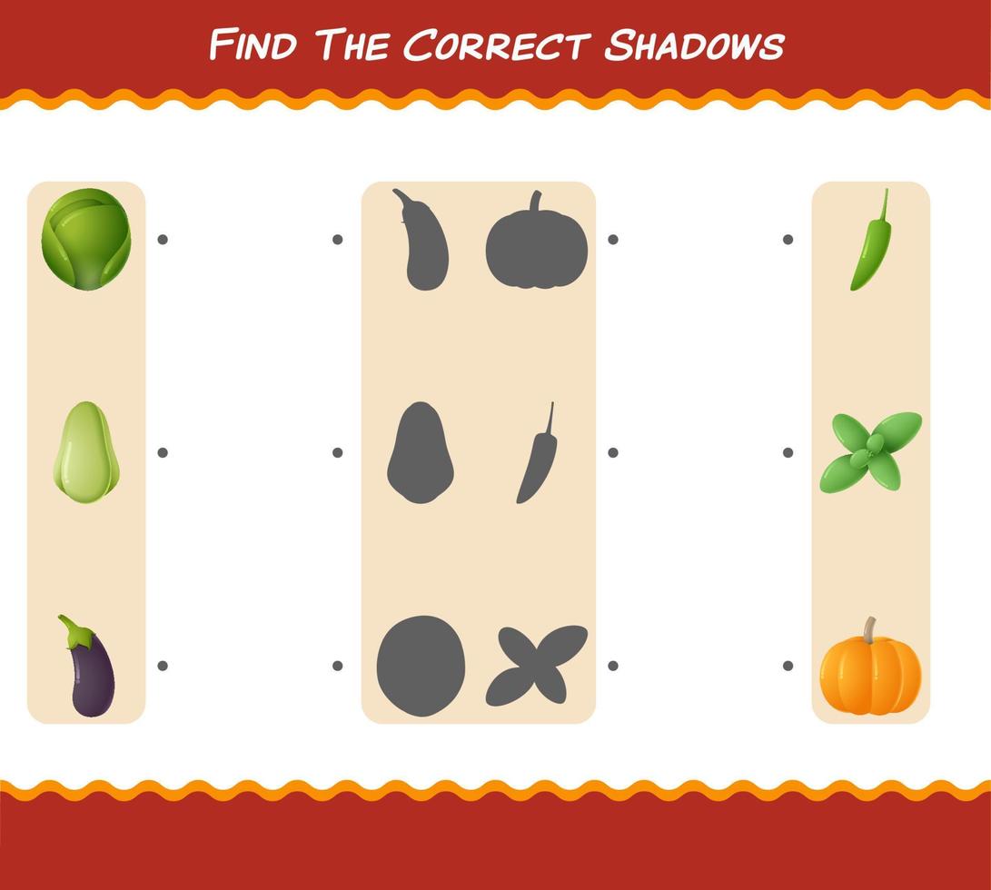 trouver les ombres correctes des légumes de dessin animé. jeu de recherche et d'association. jeu éducatif pour les enfants d'âge préscolaire et les tout-petits vecteur