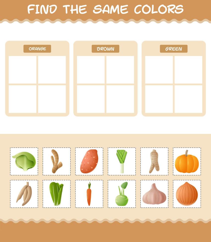 retrouver les mêmes couleurs de légumes. jeu de recherche et d'association. jeu éducatif pour les enfants d'âge préscolaire et les tout-petits vecteur