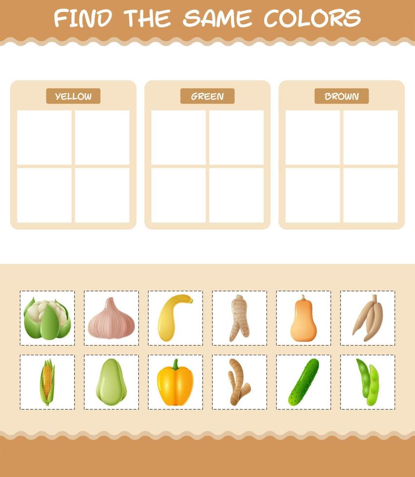 retrouver les mêmes couleurs de légumes. jeu de recherche et d'association. jeu éducatif pour les enfants d'âge préscolaire et les tout-petits vecteur