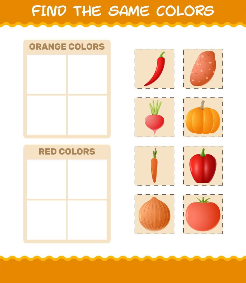 retrouver les mêmes couleurs de légumes. jeu de recherche et d'association. jeu éducatif pour les enfants d'âge préscolaire et les tout-petits vecteur