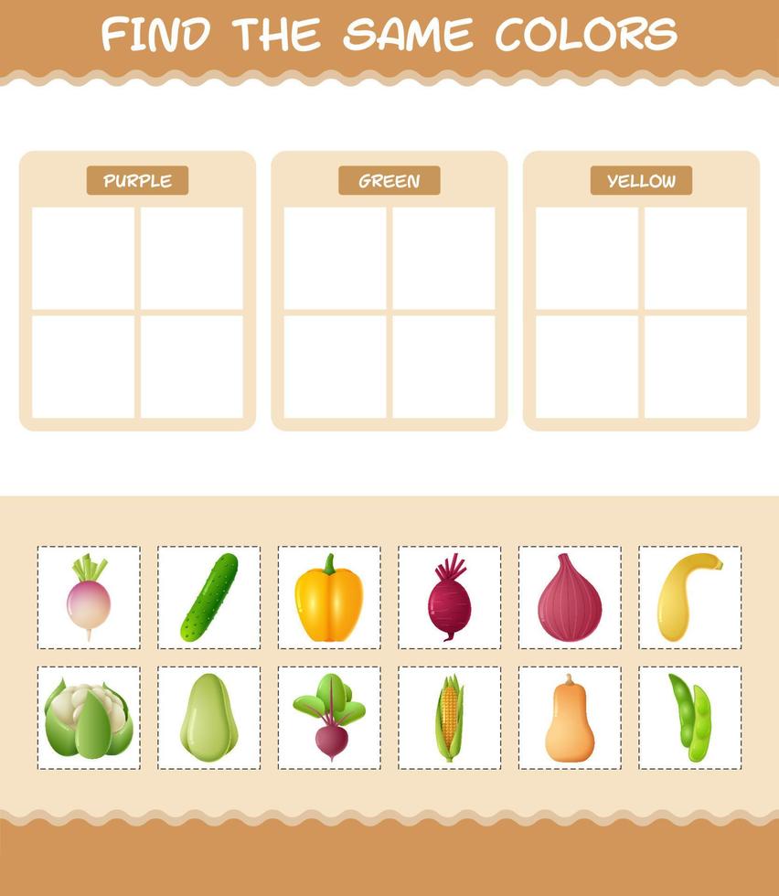 retrouver les mêmes couleurs de légumes. jeu de recherche et d'association. jeu éducatif pour les enfants d'âge préscolaire et les tout-petits vecteur