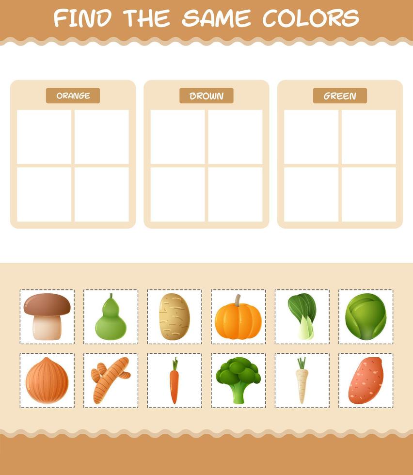 retrouver les mêmes couleurs de légumes. jeu de recherche et d'association. jeu éducatif pour les enfants d'âge préscolaire et les tout-petits vecteur