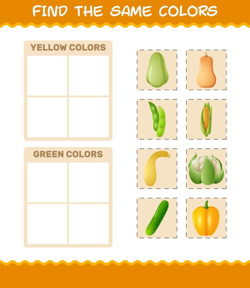 retrouver les mêmes couleurs de légumes. jeu de recherche et d'association. jeu éducatif pour les enfants d'âge préscolaire et les tout-petits vecteur