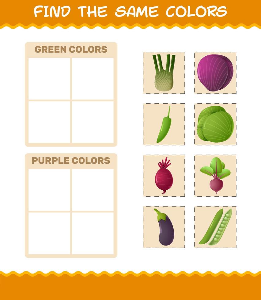 retrouver les mêmes couleurs de légumes. jeu de recherche et d'association. jeu éducatif pour les enfants d'âge préscolaire et les tout-petits vecteur