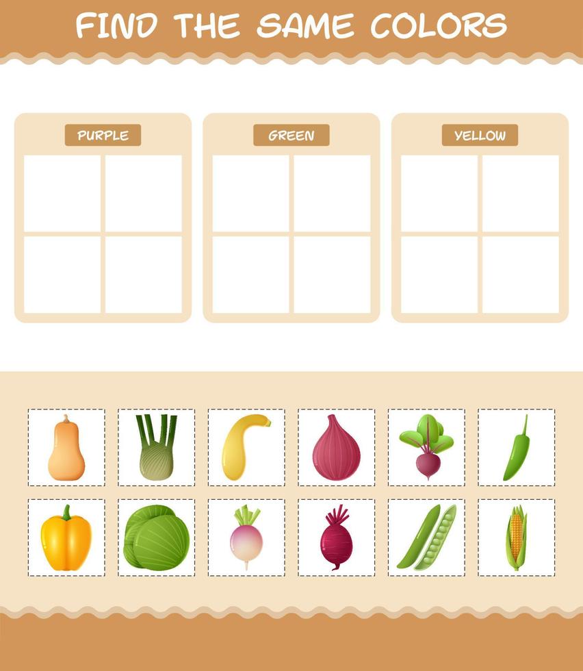 retrouver les mêmes couleurs de légumes. jeu de recherche et d'association. jeu éducatif pour les enfants d'âge préscolaire et les tout-petits vecteur