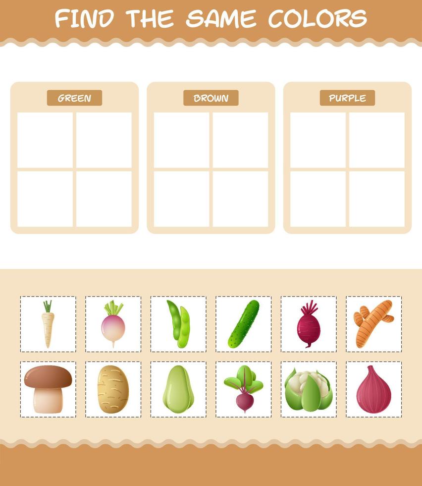 retrouver les mêmes couleurs de légumes. jeu de recherche et d'association. jeu éducatif pour les enfants d'âge préscolaire et les tout-petits vecteur