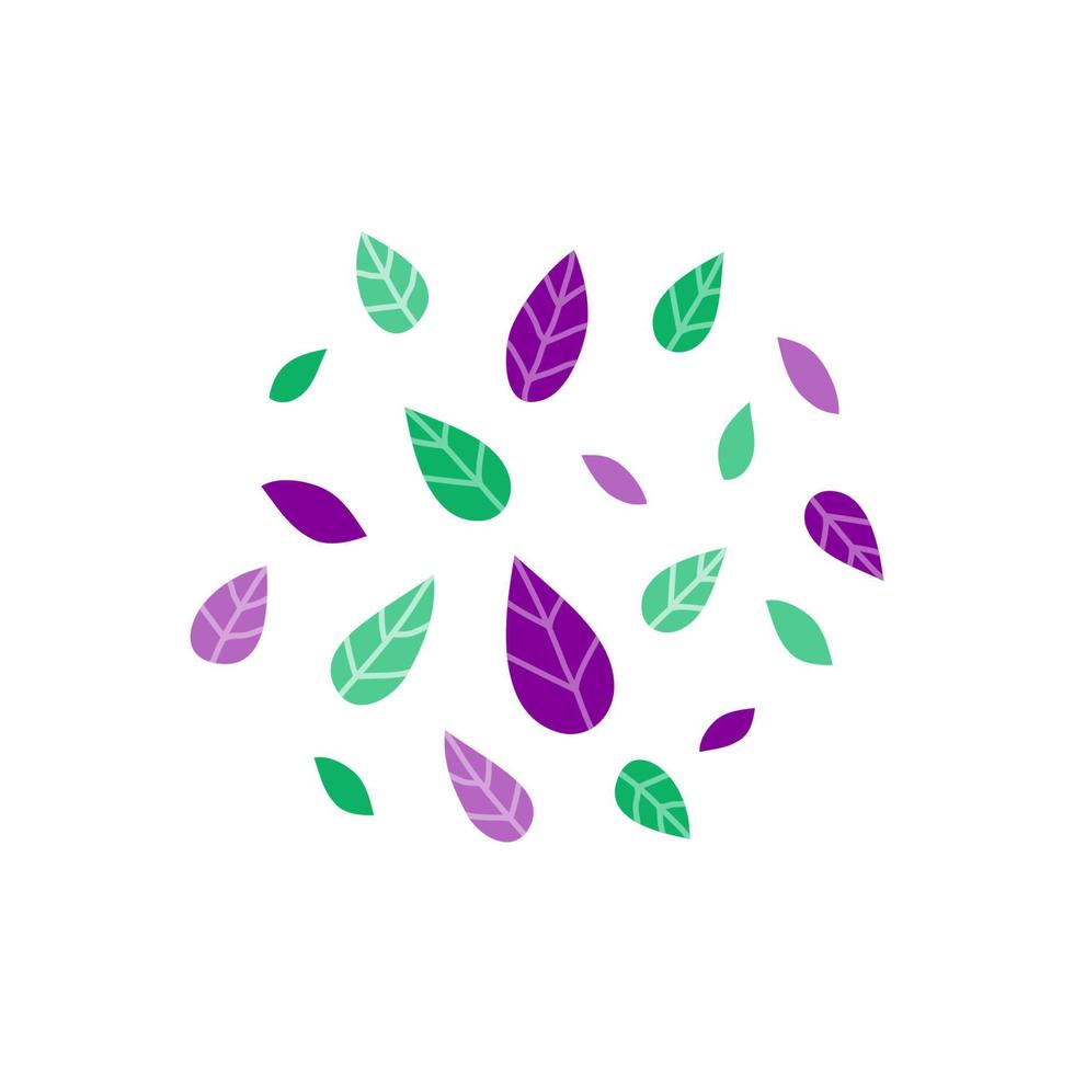 groupe de feuilles de doodle simples aux couleurs vertes et violettes isolées sur fond blanc. vecteur