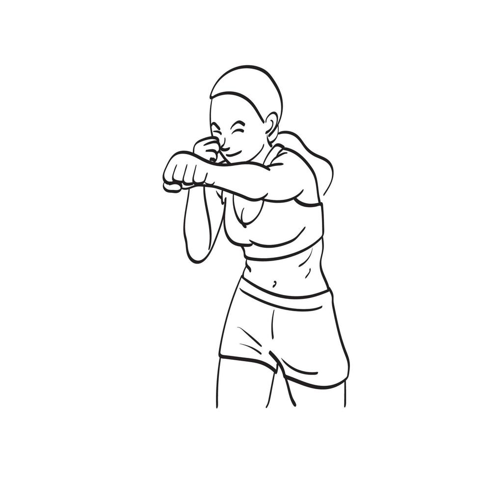 demi-longueur de jeune femme athlétique femelle mma combattant formation illustration vecteur dessiné à la main isolé sur fond blanc dessin au trait.