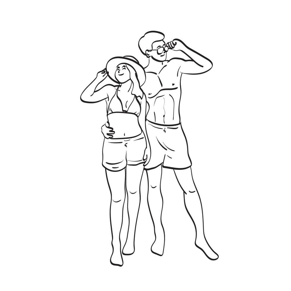 couples amoureux en été illustration vectorielle dessinés à la main isolés sur fond blanc dessin au trait. vecteur