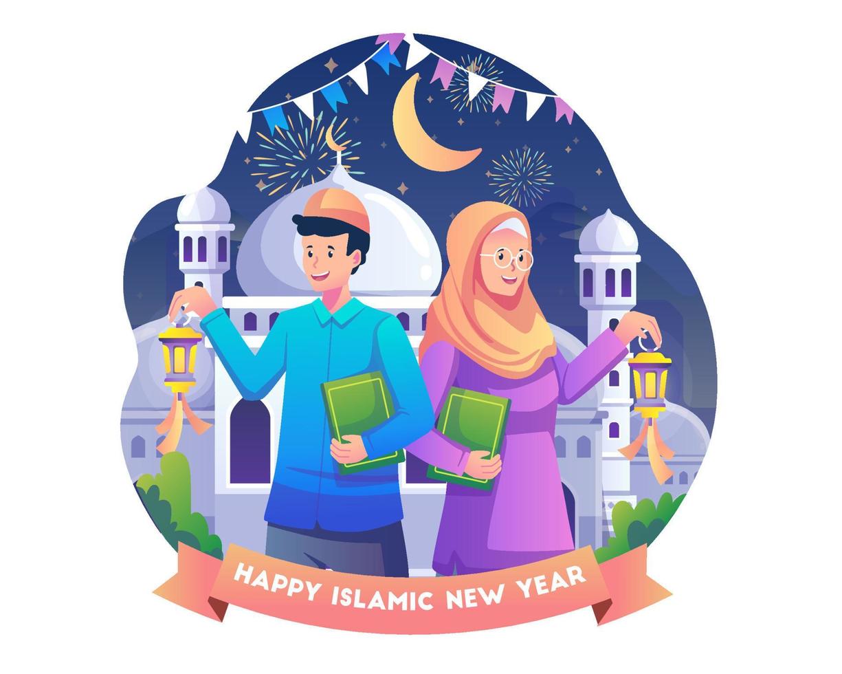 couple musulman célébrant le nouvel an islamique avec des lanternes et le coran. joyeux 1er muharram islam nouvel an ou nouvel an hijri. illustration vectorielle dans un style plat vecteur