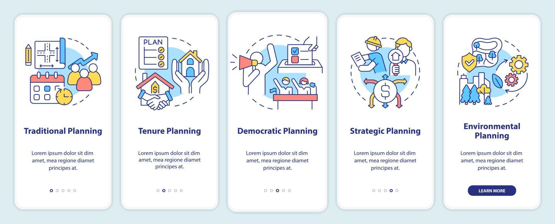 types d'écran d'application mobile d'intégration de planification. Procédure pas à pas de planification foncière 5 étapes pages d'instructions graphiques avec des concepts linéaires. ui, ux, modèle d'interface graphique. vecteur