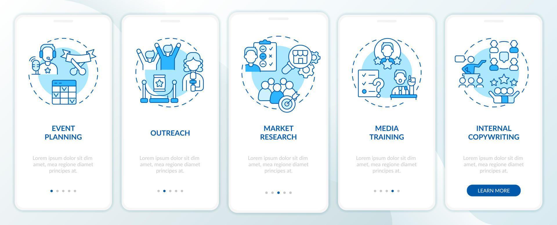 services pr pour les organisations écran d'application mobile d'intégration bleu. pas à pas en 5 étapes pages d'instructions graphiques avec des concepts linéaires. ui, ux, modèle d'interface graphique. vecteur