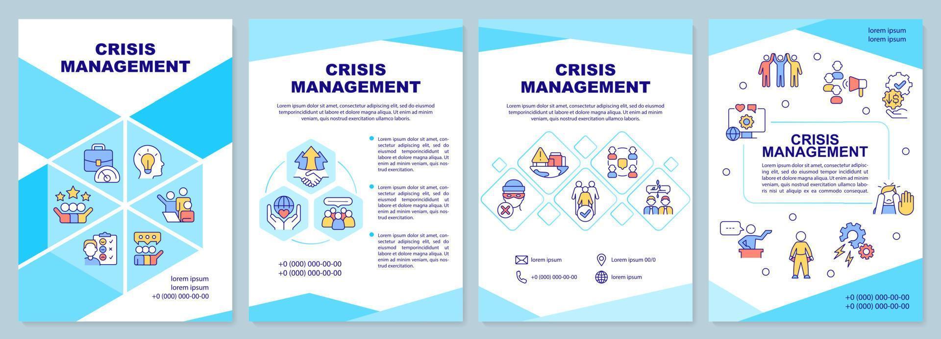 modèle de brochure bleue de gestion de crise. service de relations publiques. conception de dépliant avec des icônes linéaires. 4 mises en page vectorielles pour la présentation, les rapports annuels. vecteur