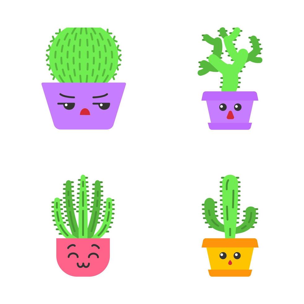 Ensemble d'icônes de couleur d'ombre longue à motif plat de cactus. plantes aux visages tristes. cactus baril en colère. heureux cactus de tuyau d'orgue. cholla d'ours en peluche silencieux. cactus maison en pots. illustrations de silhouettes vectorielles vecteur