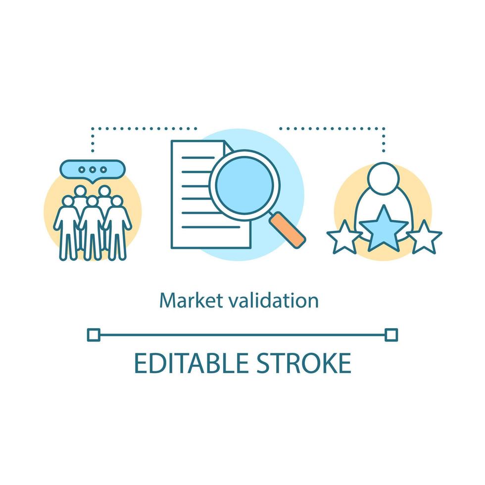 icône de concept de validation du marché. sondage auprès du public cible. société de relations publiques. enquête sociologique. illustration de fine ligne d'idée de recherche marketing. dessin de contour isolé de vecteur. trait modifiable vecteur