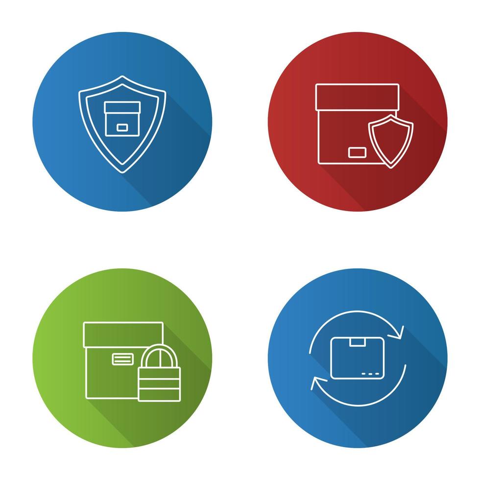 ensemble d'icônes plat linéaire grandissime d'expédition de fret. service de livraison en toute sécurité. colis avec bouclier et cadenas, retour colis. illustration de contour de vecteur