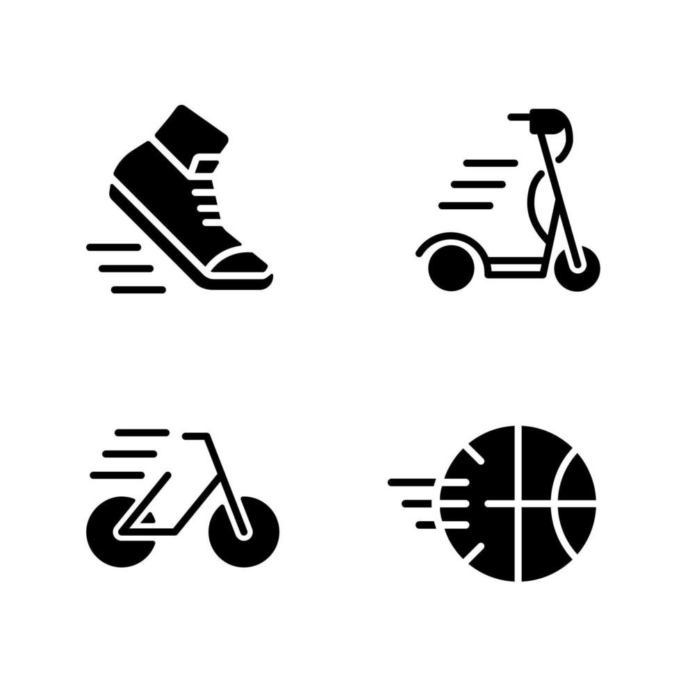 icônes de glyphe noir d'activité sportive définies sur un espace blanc. jouer au basket. faire du vélo. temps libre. mouvement dynamique. symboles de silhouettes. pack de pictogrammes solides. illustration vectorielle isolée vecteur