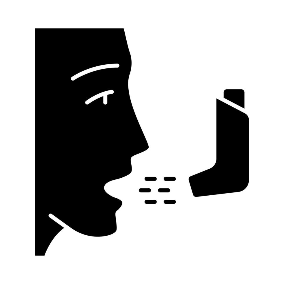 icône de glyphe d'inhalateur d'asthme. dispositif médical de traitement des maladies pulmonaires. entraîneur respiratoire. délivrance de médicaments par voie orale. médicaments inhalés. symbole de la silhouette. espace négatif. illustration vectorielle isolée vecteur