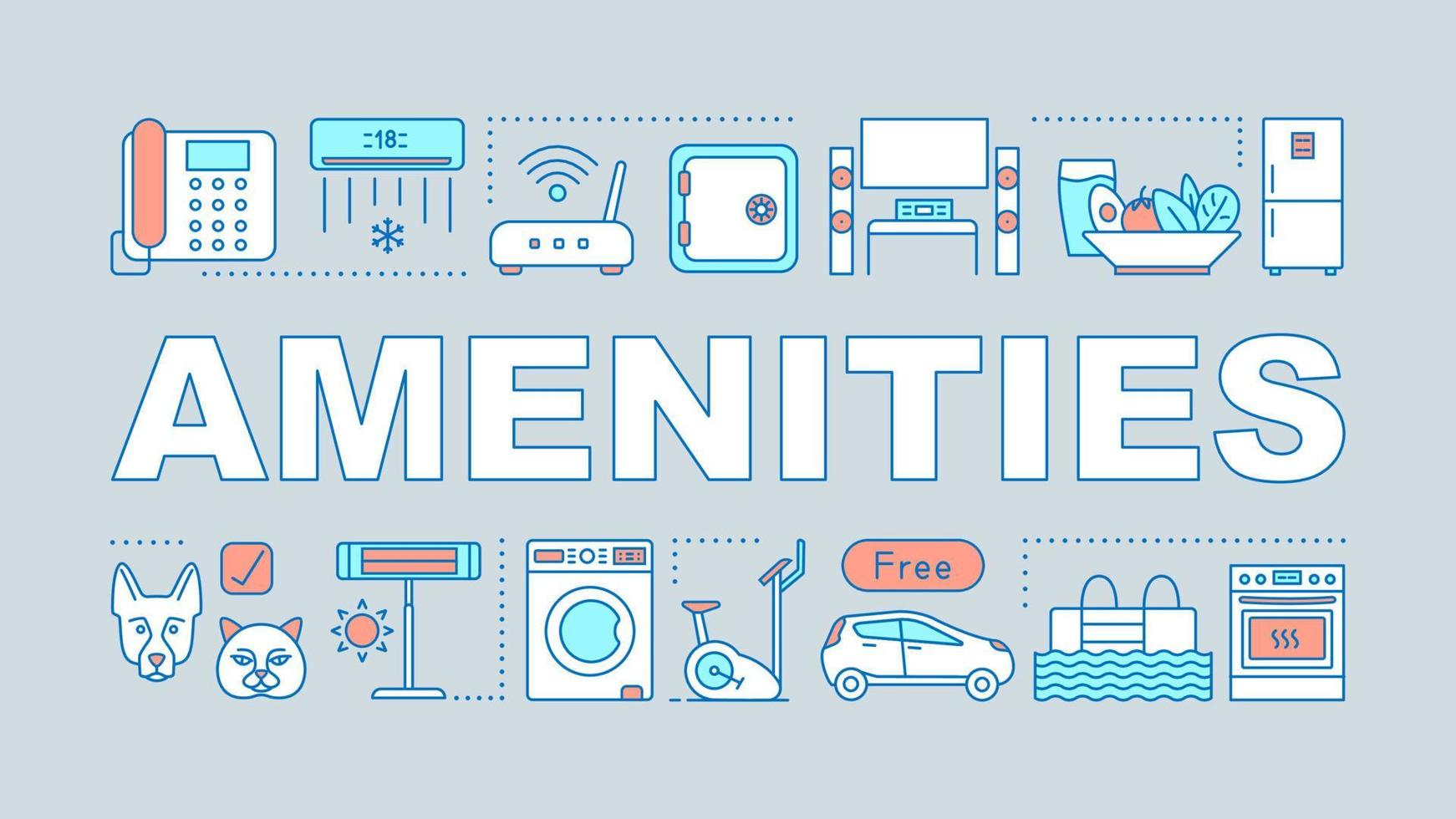 bannière de concepts de mots commodités. services de chambre d'hôtel, fonctionnalités, présentation des modules complémentaires, site Web. idée de typographie de lettrage isolé avec des icônes linéaires. illustration de contour de vecteur